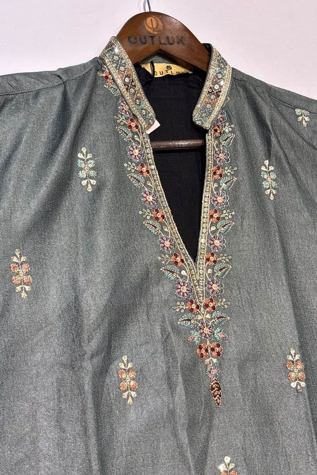 Mens Grey Sequin with Embroidered Silk Kurta Pant Set (ACB2102)