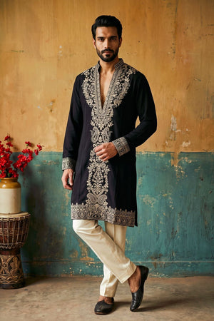 Mens Black Embroidered Cotton Kurta Pant Set (ACB2103)