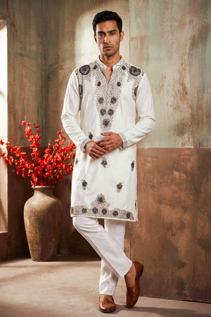 Mens White Embroidered Silk Kurta Pant Set (ACB2104)