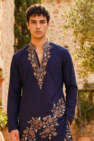 Mens Navy Blue Embroidered Silk Kurta Pant Set (ACB2105)