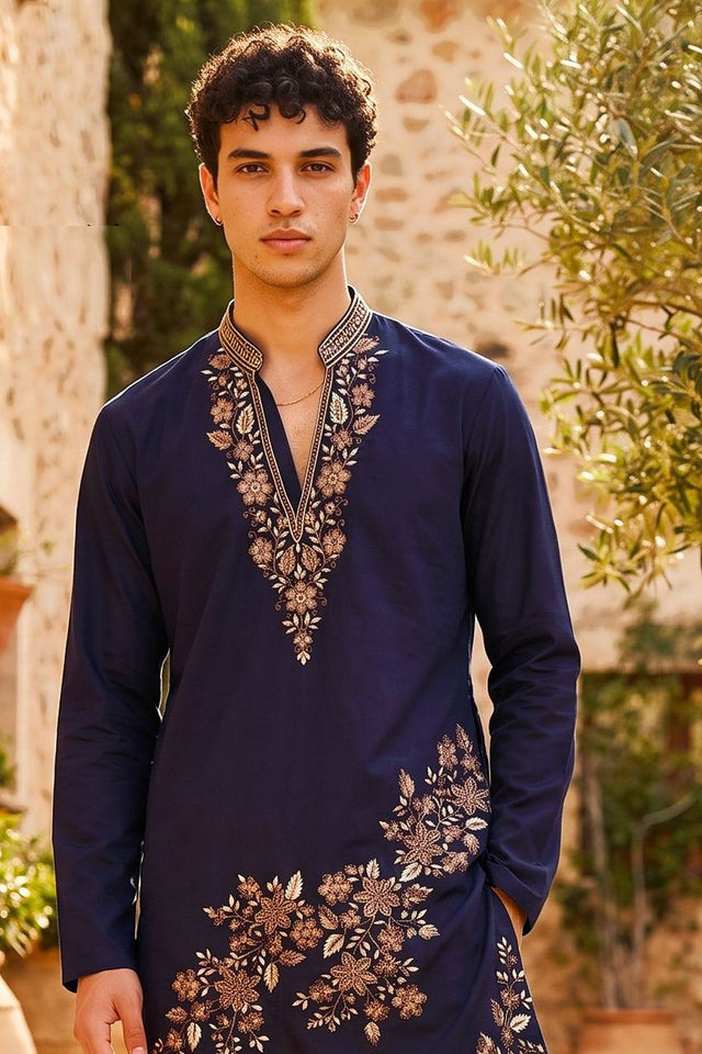 Mens Navy Blue Embroidered Silk Kurta Pant Set (ACB2105)