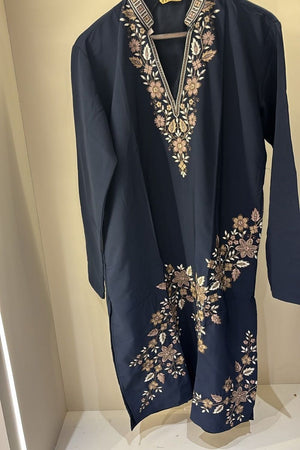 Mens Navy Blue Embroidered Silk Kurta Pant Set (ACB2105)