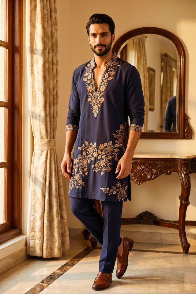 Mens Navy Blue Embroidered Silk Kurta Pant Set (ACB2105)