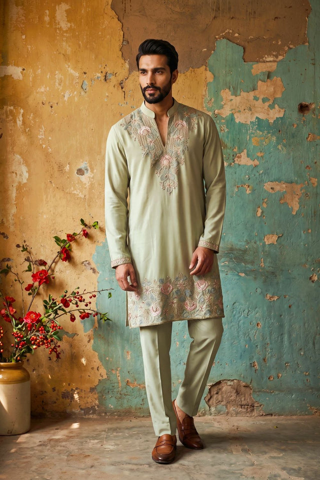 Mens Green Embroidered Georgette Kurta Pant Set (ACB2106)