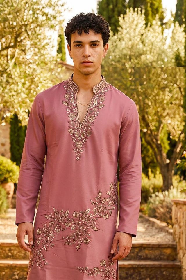 Mens Peach Floral Embroidered Silk Kurta Pant Set (ACB2107)