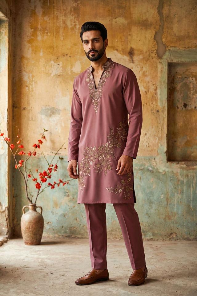 Mens Peach Floral Embroidered Silk Kurta Pant Set (ACB2107)