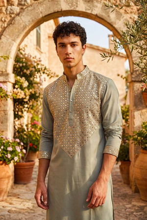 Mens Green Embroidered with Mirror Work Silk Kurta Pant Set (ACB2108)