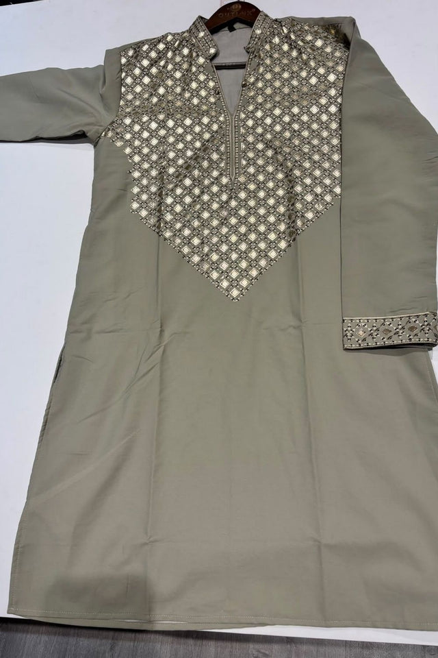 Mens Green Embroidered with Mirror Work Silk Kurta Pant Set (ACB2108)