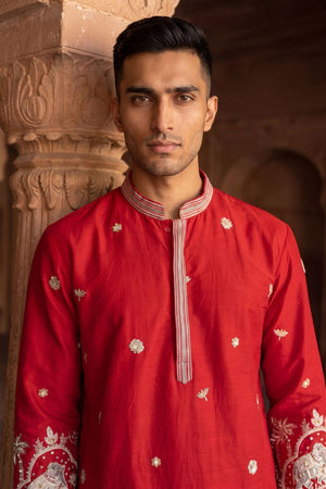 Mens Pink Embroidered with Mirror Work Cotton Kurta Pant Set (ACB2109)