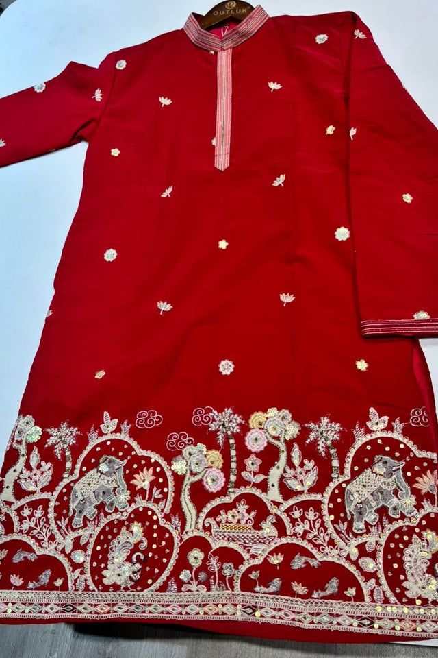 Mens Pink Embroidered with Mirror Work Cotton Kurta Pant Set (ACB2109)