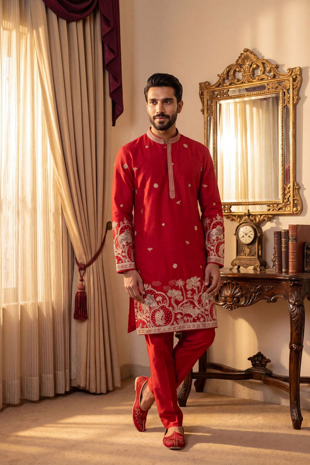 Mens Pink Embroidered with Mirror Work Cotton Kurta Pant Set (ACB2109)