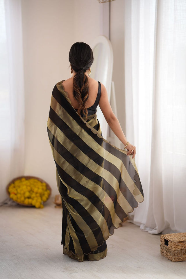 Black Striped Woven Satin Saree (ACB2110)