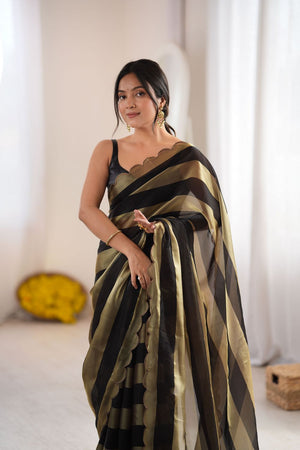 Black Striped Woven Satin Saree (ACB2110)