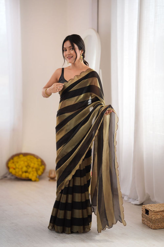 Black Striped Woven Satin Saree (ACB2110)