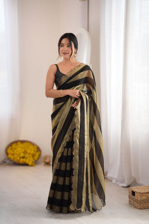 Black Striped Woven Satin Saree (ACB2110)