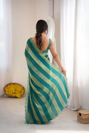Turquoise Striped Woven Satin Saree (ACB2111)