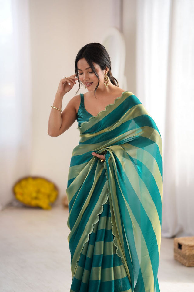 Turquoise Striped Woven Satin Saree (ACB2111)