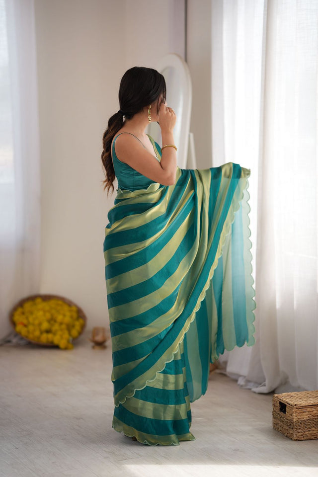 Turquoise Striped Woven Satin Saree (ACB2111)