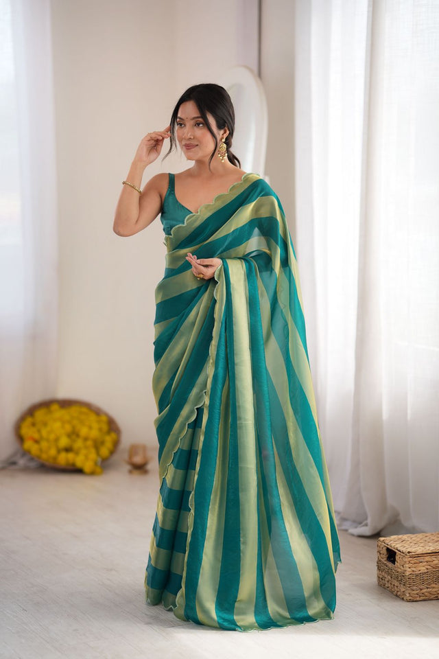 Turquoise Striped Woven Satin Saree (ACB2111)