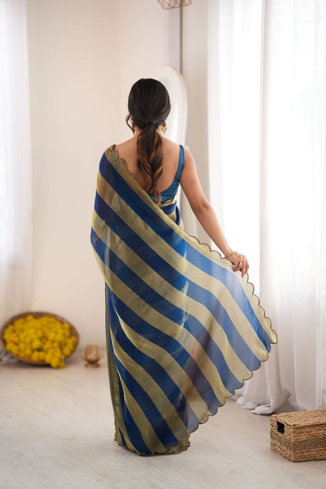 Blue Striped Woven Satin Saree (ACB2112)