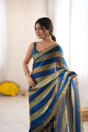 Blue Striped Woven Satin Saree (ACB2112)