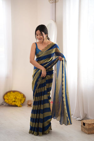 Blue Striped Woven Satin Saree (ACB2112)
