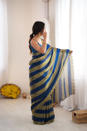 Blue Striped Woven Satin Saree (ACB2112)