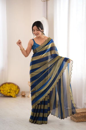 Blue Striped Woven Satin Saree (ACB2112)