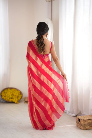 Red Striped Woven Satin Saree (ACB2113)