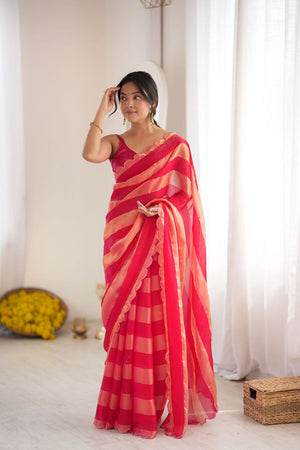 Red Striped Woven Satin Saree (ACB2113)