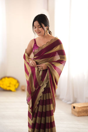 Wine Striped Woven Satin Saree (ACB2114)