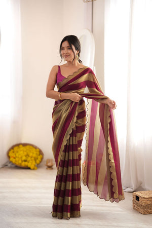Wine Striped Woven Satin Saree (ACB2114)