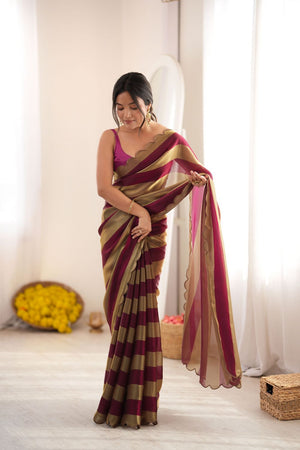 Wine Striped Woven Satin Saree (ACB2114)