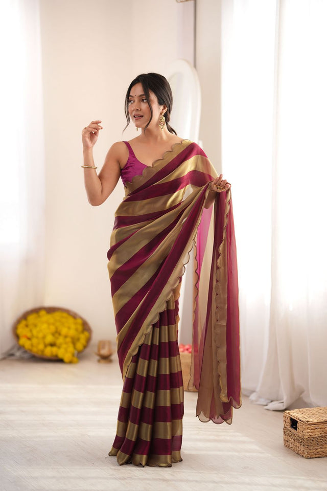Wine Striped Woven Satin Saree (ACB2114)