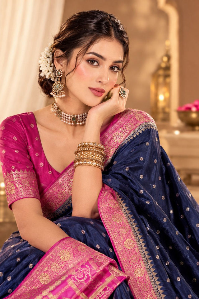 Blue Floral Printed Satin Silk Saree (ACB2115)