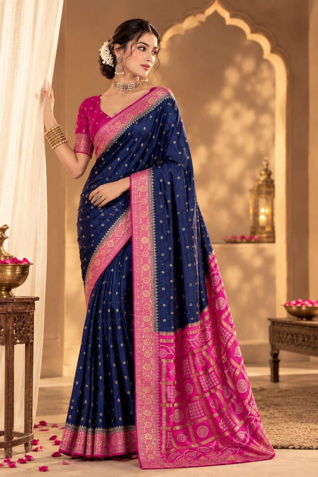 Blue Floral Printed Satin Silk Saree (ACB2115)