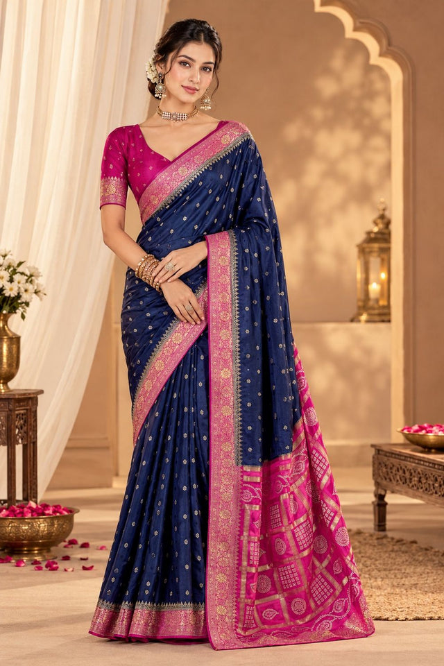 Blue Floral Printed Satin Silk Saree (ACB2115)