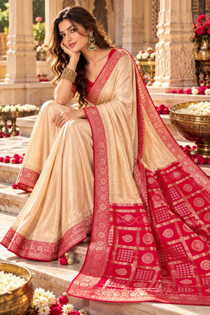 Cream Floral Printed Satin Silk Saree (ACB2116)