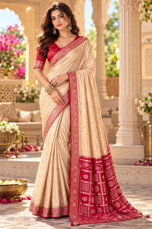 Cream Floral Printed Satin Silk Saree (ACB2116)