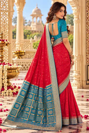 Red Floral Printed Satin Silk Saree (ACB2118)