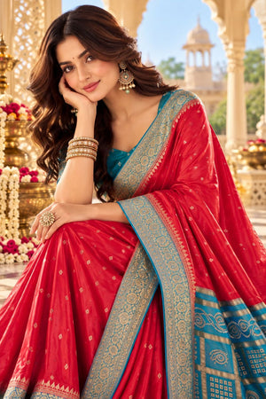 Red Floral Printed Satin Silk Saree (ACB2118)
