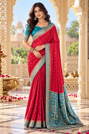 Red Floral Printed Satin Silk Saree (ACB2118)