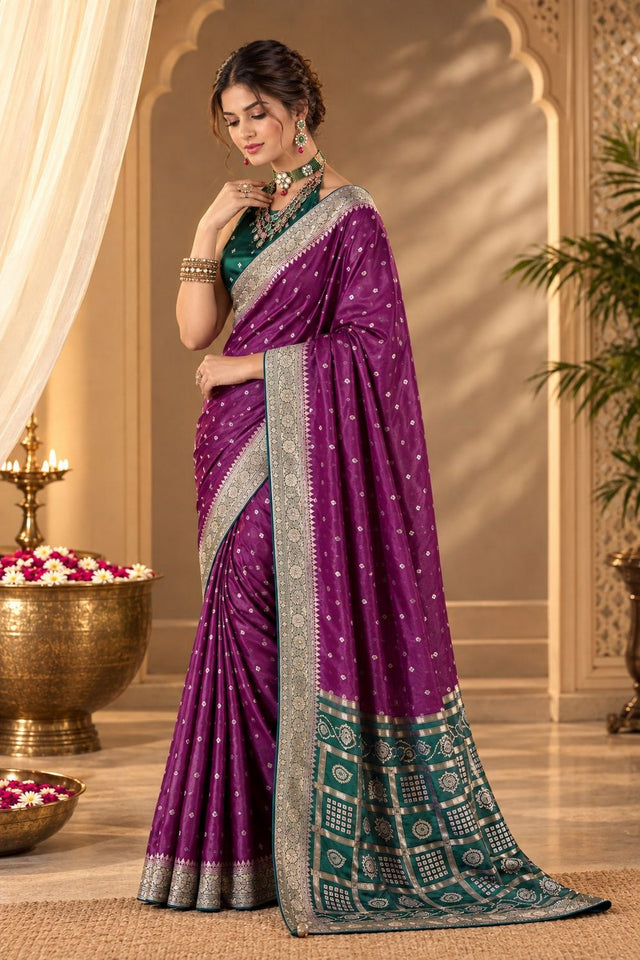Wine Floral Printed Satin Silk Saree (ACB2119)