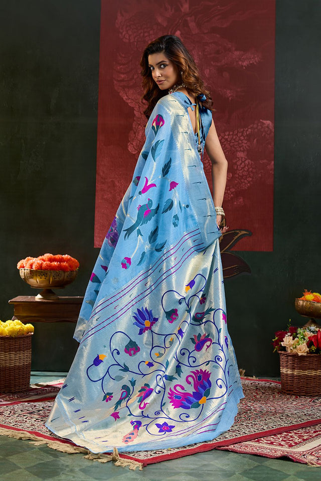 Blue Paithani Meenakari Woven Cotton Silk Saree (ACB2126)