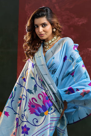 Blue Paithani Meenakari Woven Cotton Silk Saree (ACB2126)