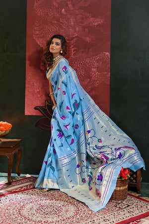 Blue Paithani Meenakari Woven Cotton Silk Saree (ACB2126)