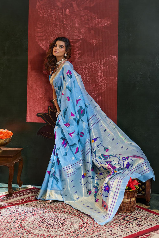 Blue Paithani Meenakari Woven Cotton Silk Saree (ACB2126)
