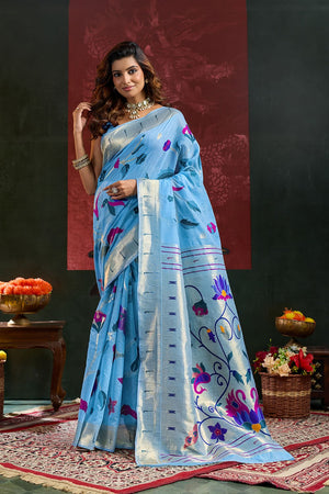 Blue Paithani Meenakari Woven Cotton Silk Saree (ACB2126)