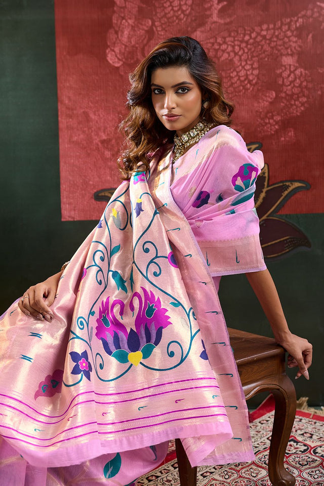 Pink Paithani Meenakari Woven Cotton Silk Saree (ACB2127)