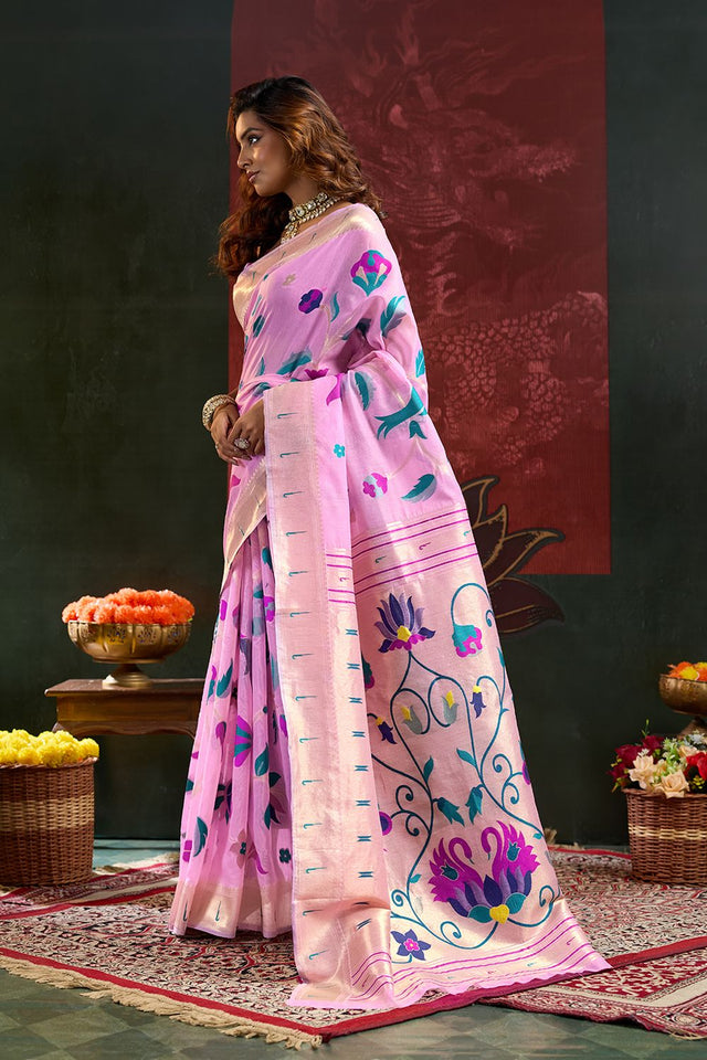 Pink Paithani Meenakari Woven Cotton Silk Saree (ACB2127)